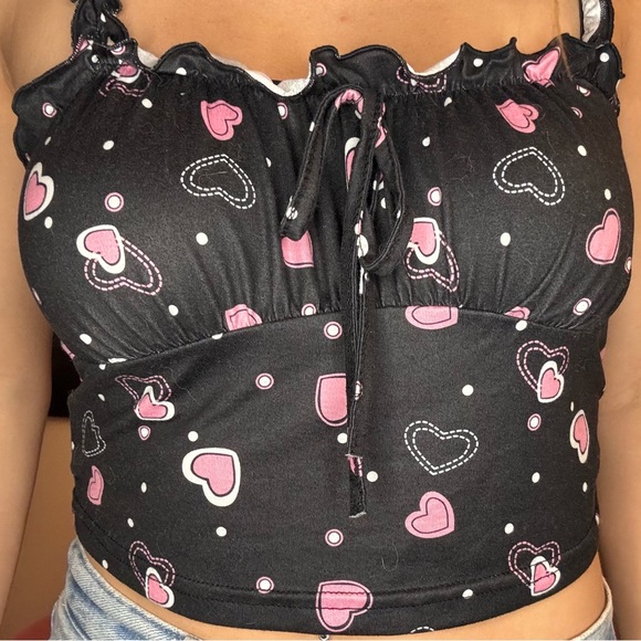 Y2K heart print pattern crop top ruched straps tie front bow black pink - Picture 4 of 5